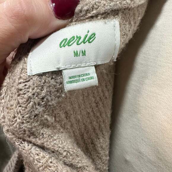 Aerie V-Neck Waffle Knit Hoodie Pullover Sweater in Tan, Sz M, *See flaw - Picture 5 of 7